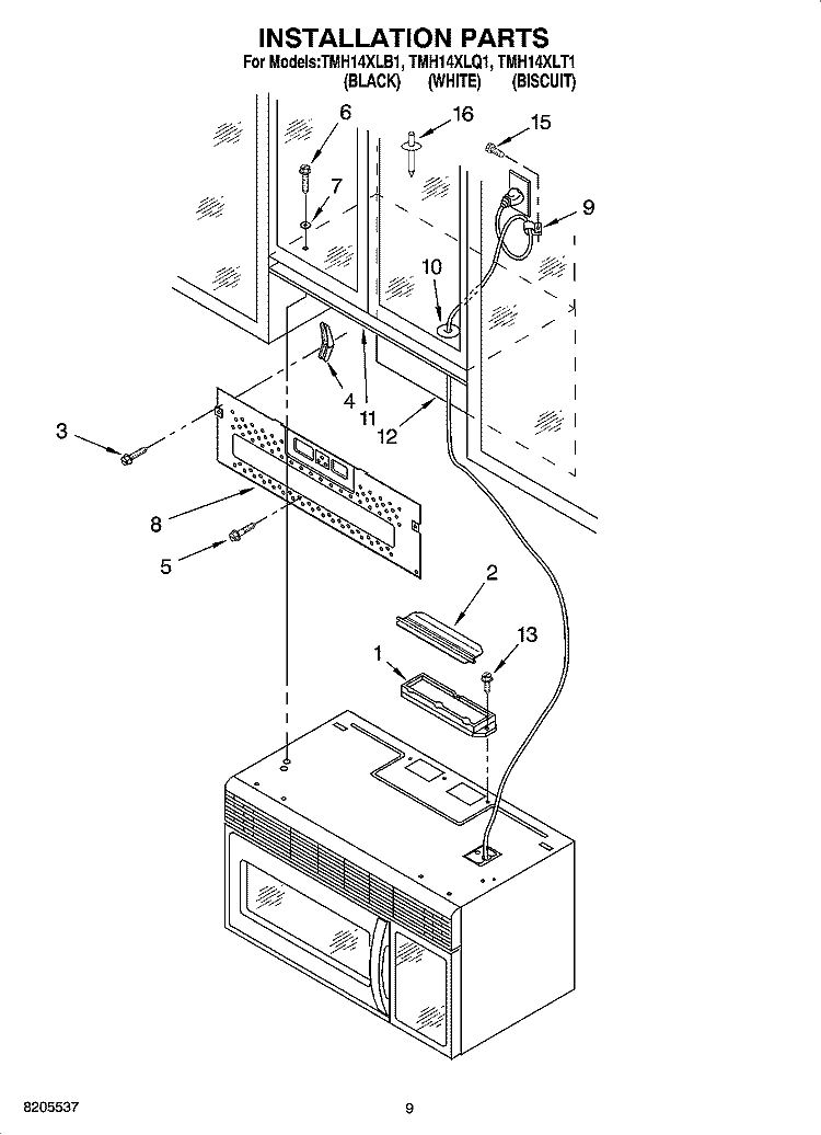 INSTALLATION PARTS, MISCELLANEOUS PARTS Diagram and Parts List for TMH14XLQ1  Estate Microwave
