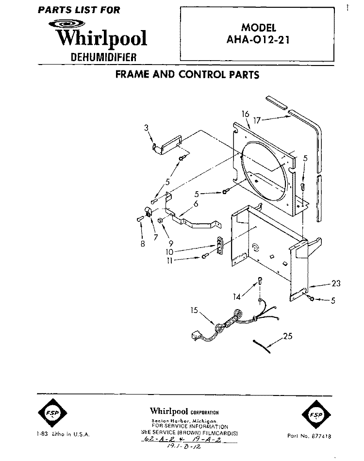 SECTION Diagram and Parts List for AHA01221  Whirlpool Dehumidifier