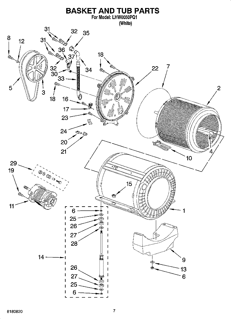 BASKET AND TUB PARTS Diagram and Parts List for LHW0050PQ1  Whirlpool Washer