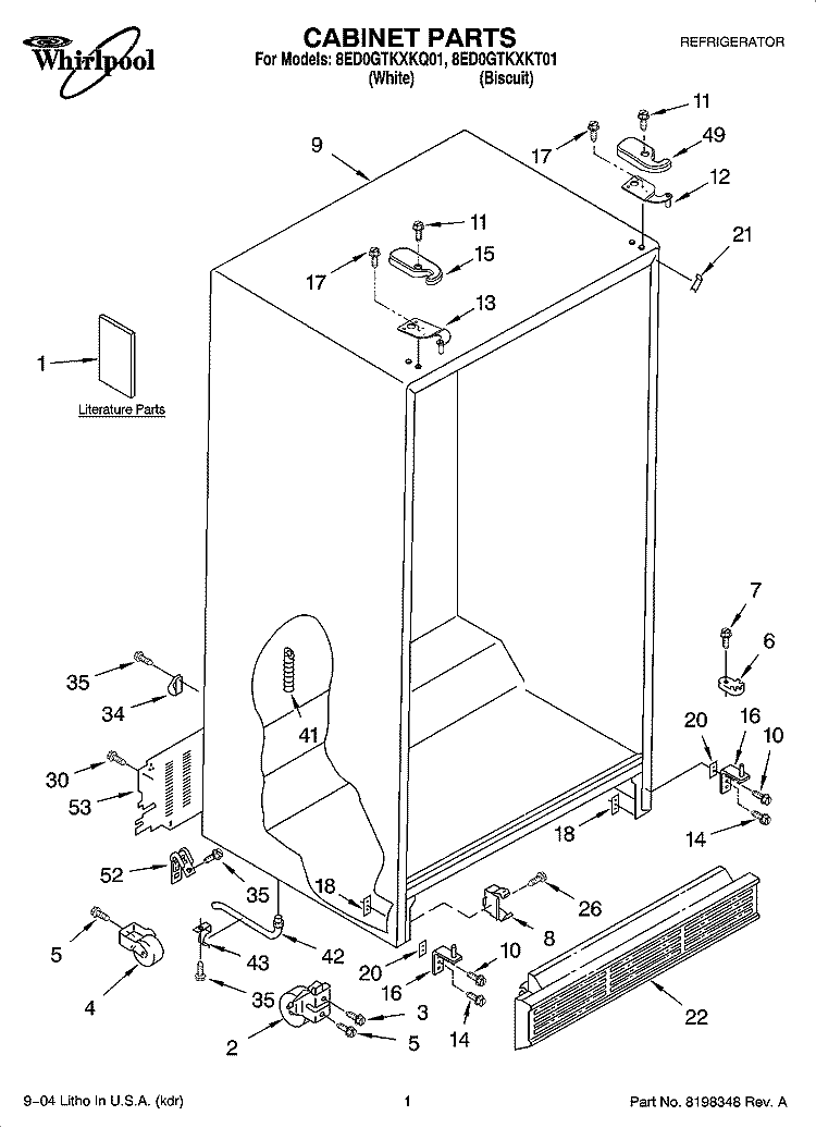 CABINET PARTS Diagram and Parts List for 8ED0GTKXKQ01  Whirlpool Refrigerator