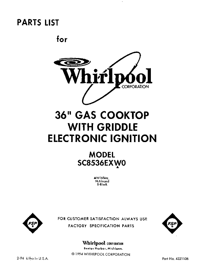 SECTION Diagram and Parts List for SC8536EXW0  Whirlpool Cooktop