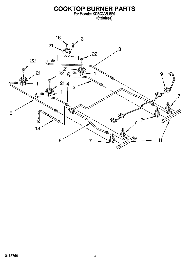 COOKTOP BURNER PARTS Diagram and Parts List for KGSC308LSS0  KitchenAid Range
