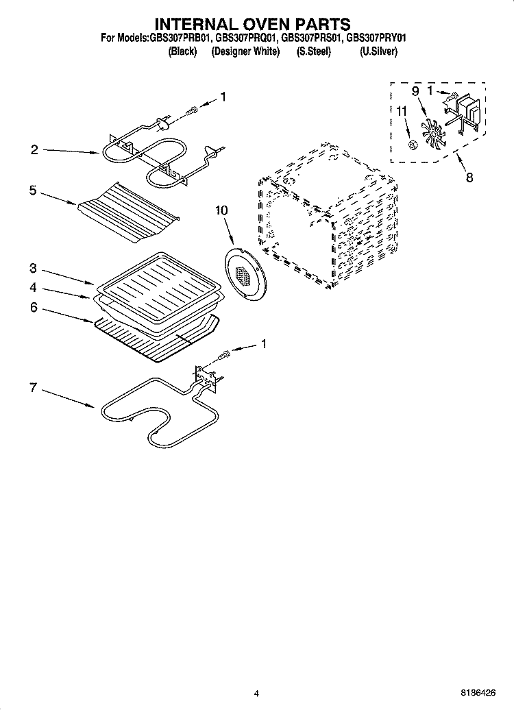INTERNAL OVEN PARTS Diagram and Parts List for GBS307PRB01  Whirlpool Wall Oven