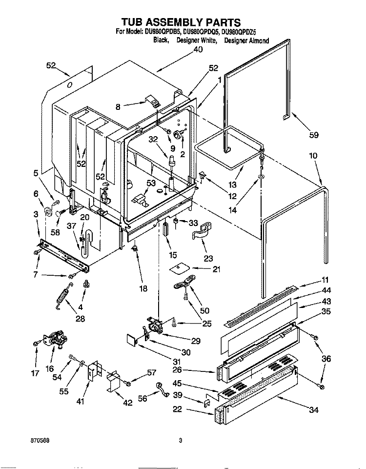 TUB ASSEMBLY Diagram and Parts List for DU980QPDB5  Whirlpool Dishwasher