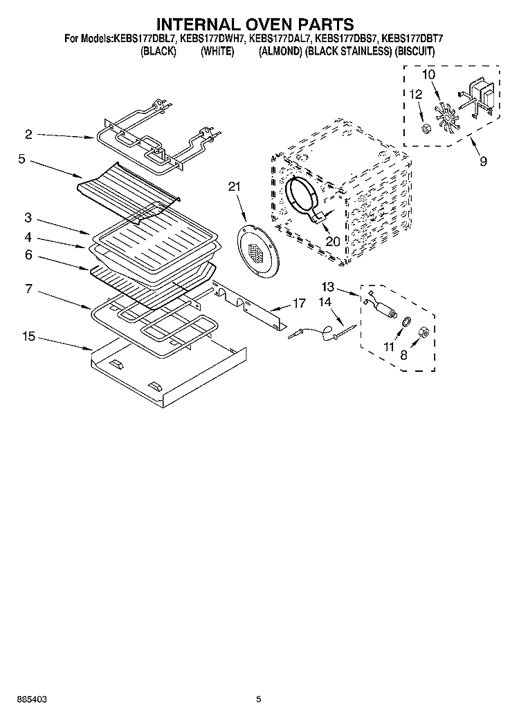 INTERNAL OVEN PARTS Diagram and Parts List for KEBS177DWH7  KitchenAid Wall Oven