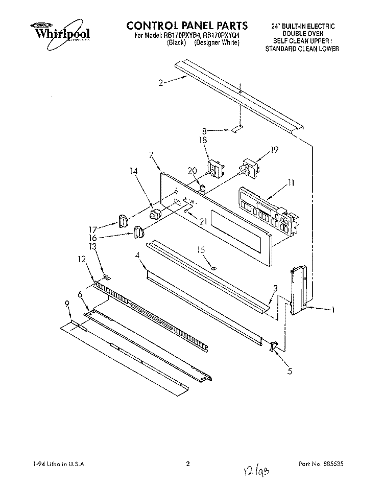 CONTROL PANEL, LIT/OPTIONAL Diagram and Parts List for RB170PXYQ4  Whirlpool Wall Oven