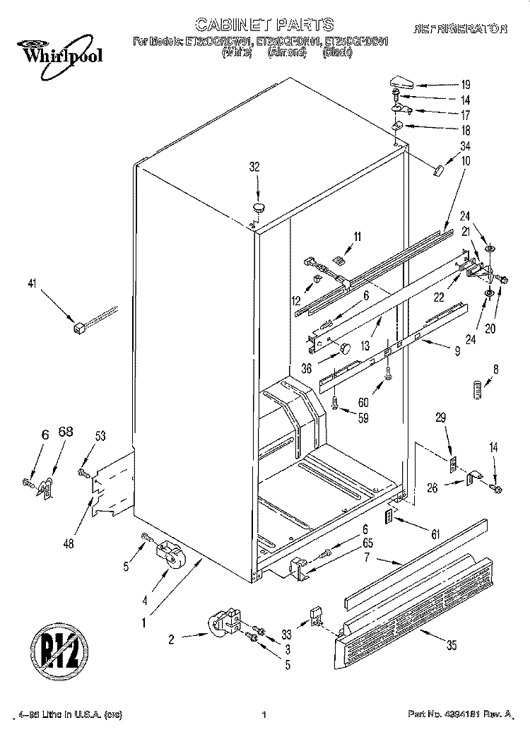 CABINET Diagram and Parts List for ET25DQRDB01  Whirlpool Refrigerator
