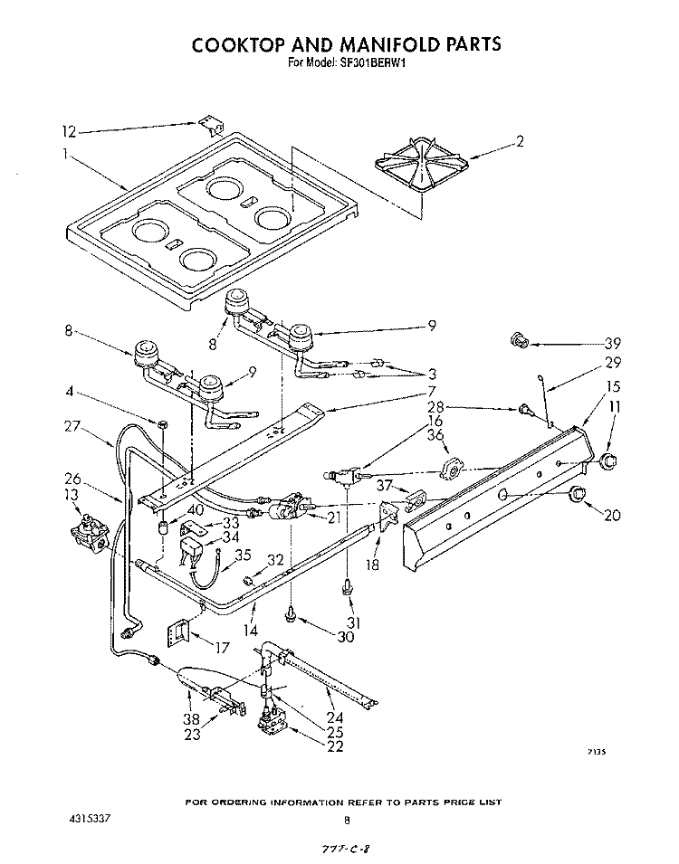 COOK TOP AND MANIFOLD , LITERATURE Diagram and Parts List for SF301BERW1  Whirlpool Range