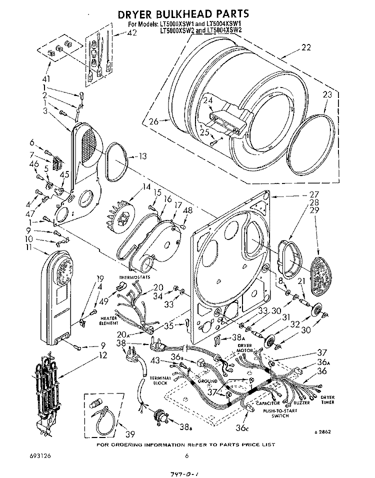 DRYER BULKHEAD Diagram and Parts List for LT5000XSW1  Whirlpool Washer Dryer Combo