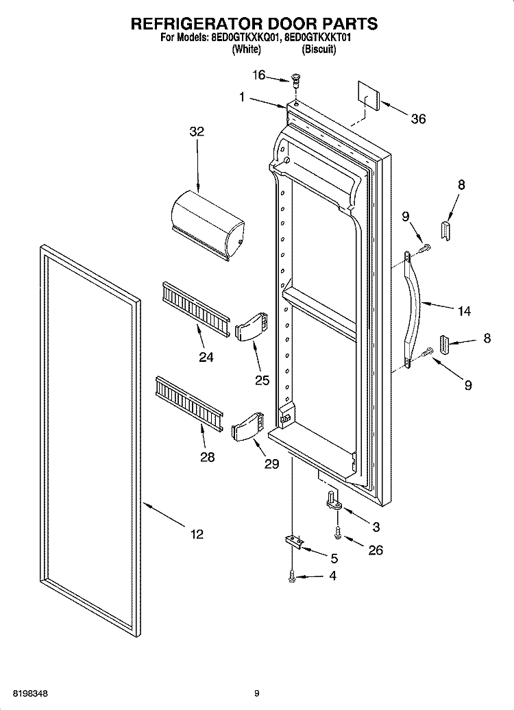 REFRIGERATOR DOOR PARTS Diagram and Parts List for 8ED0GTKXKQ01  Whirlpool Refrigerator