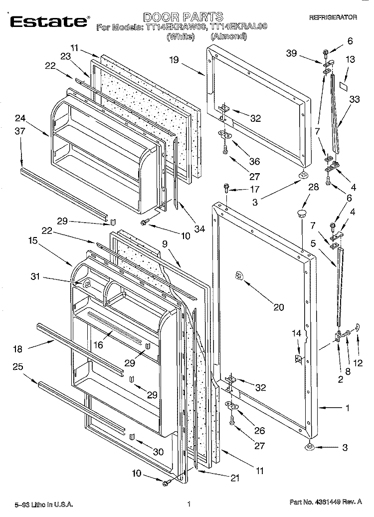 DOOR Diagram and Parts List for TT14EKRAN00  Whirlpool Refrigerator