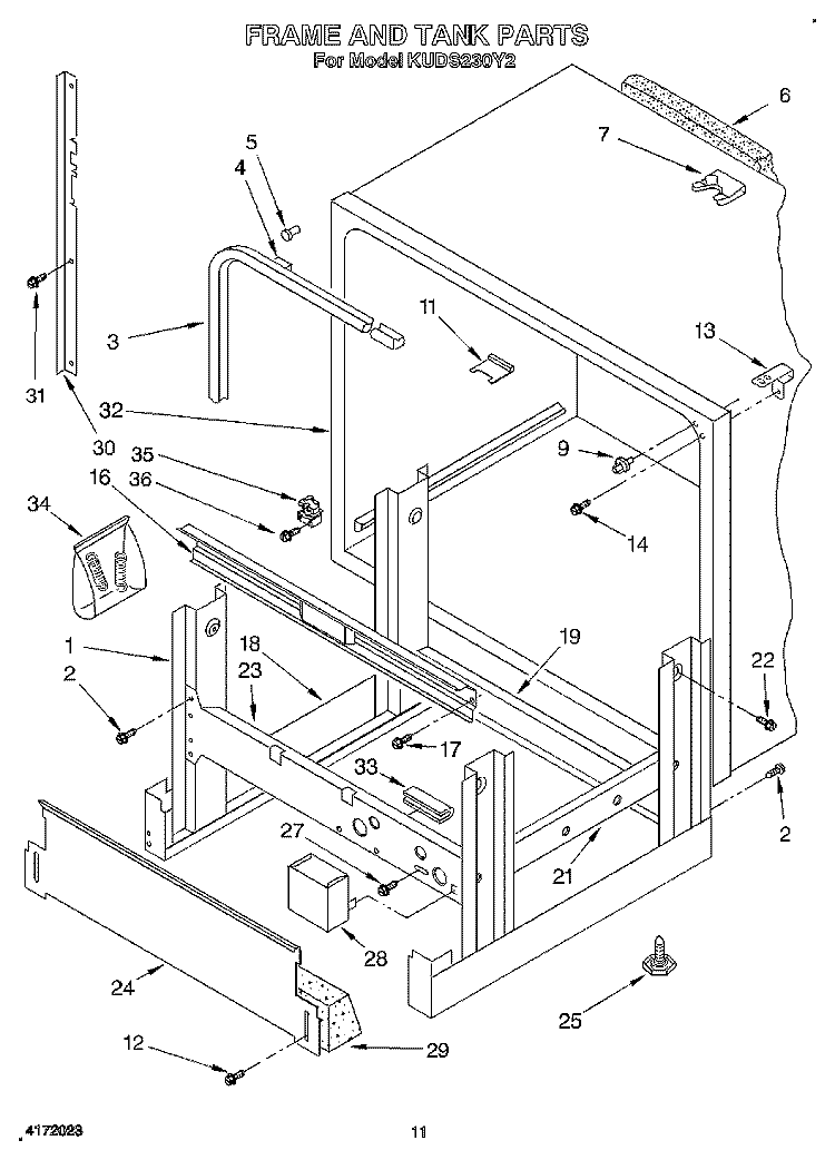 FRAME AND TANK Diagram and Parts List for KUDS230Y2  KitchenAid Dishwasher