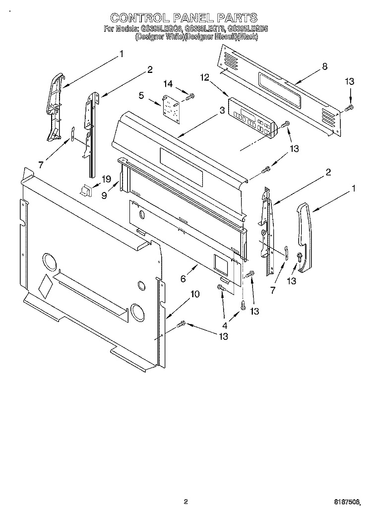 CONTROL PANEL Diagram and Parts List for GS395LEGT6  Whirlpool Range