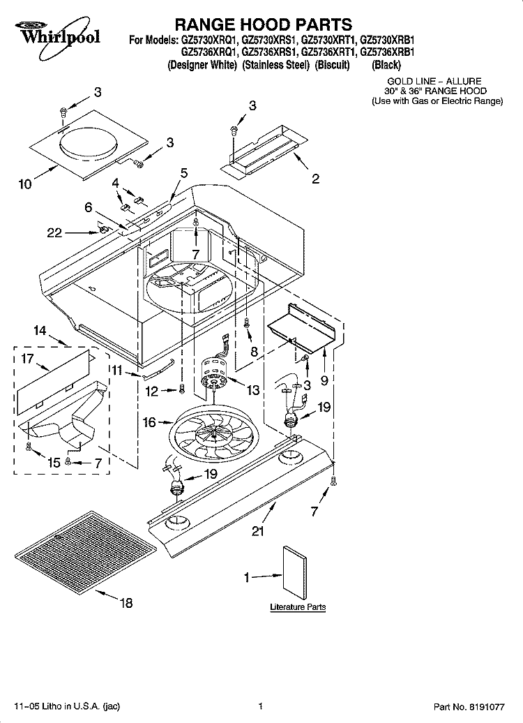 RANGE HOOD PARTS Diagram and Parts List for GZ5730XRT1  Whirlpool Range Hood