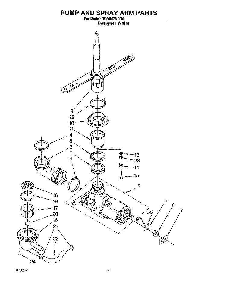 PUMP AND SPRAY ARM Diagram and Parts List for DU840CWDQ0  Whirlpool Dishwasher