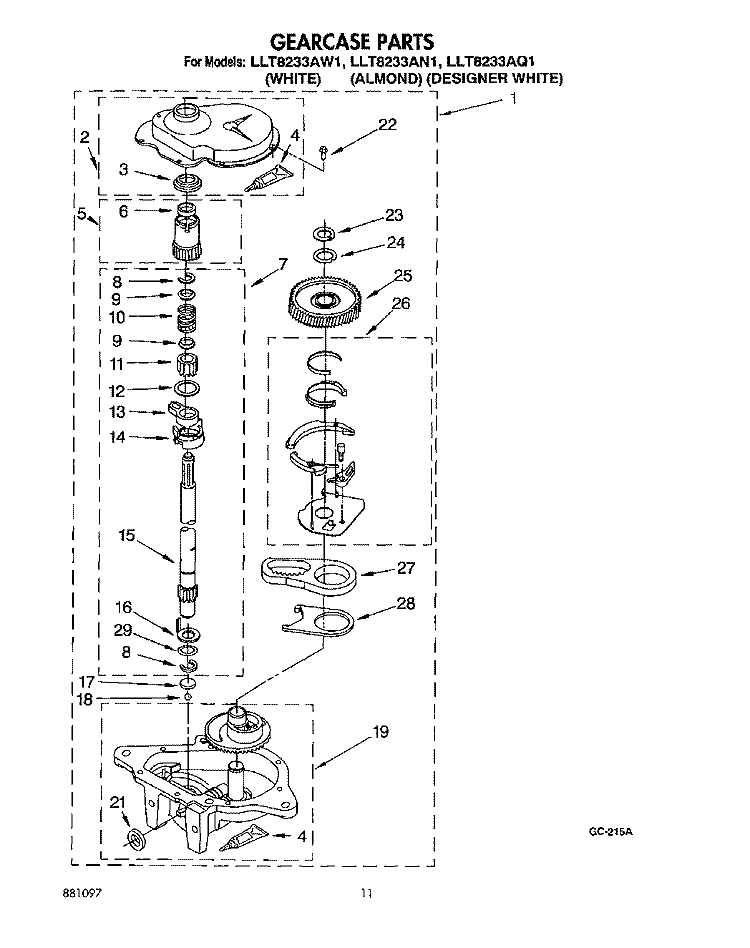 GEARCASE Diagram and Parts List for LLT8233AQ1  Whirlpool Washer