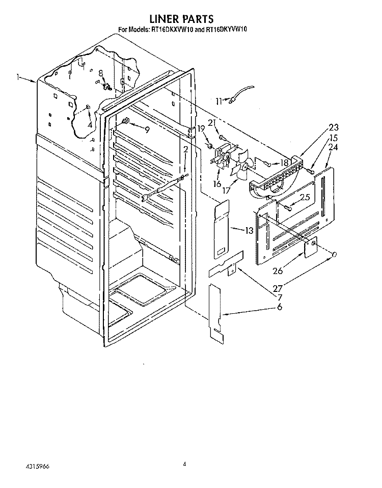 LINER Diagram and Parts List for RT16DKXVW10  Roper Refrigerator