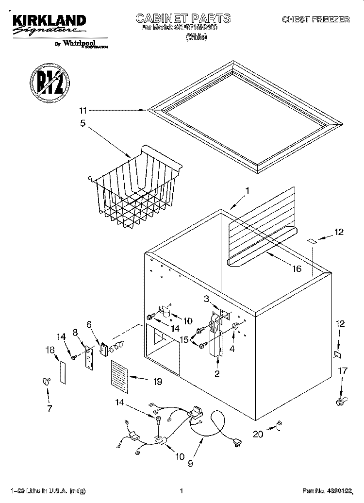 CABINET Diagram and Parts List for SCF0710HW00  Whirlpool Freezer