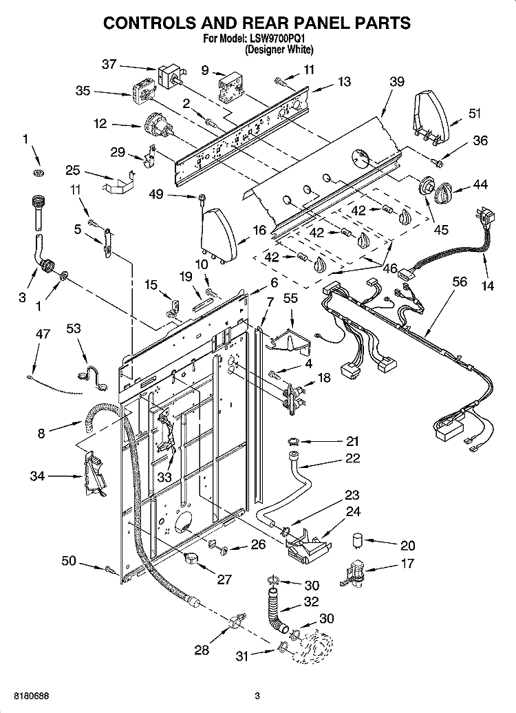 CONTROLS AND REAR PANEL PARTS Diagram and Parts List for LSW9700PQ1  Whirlpool Washer