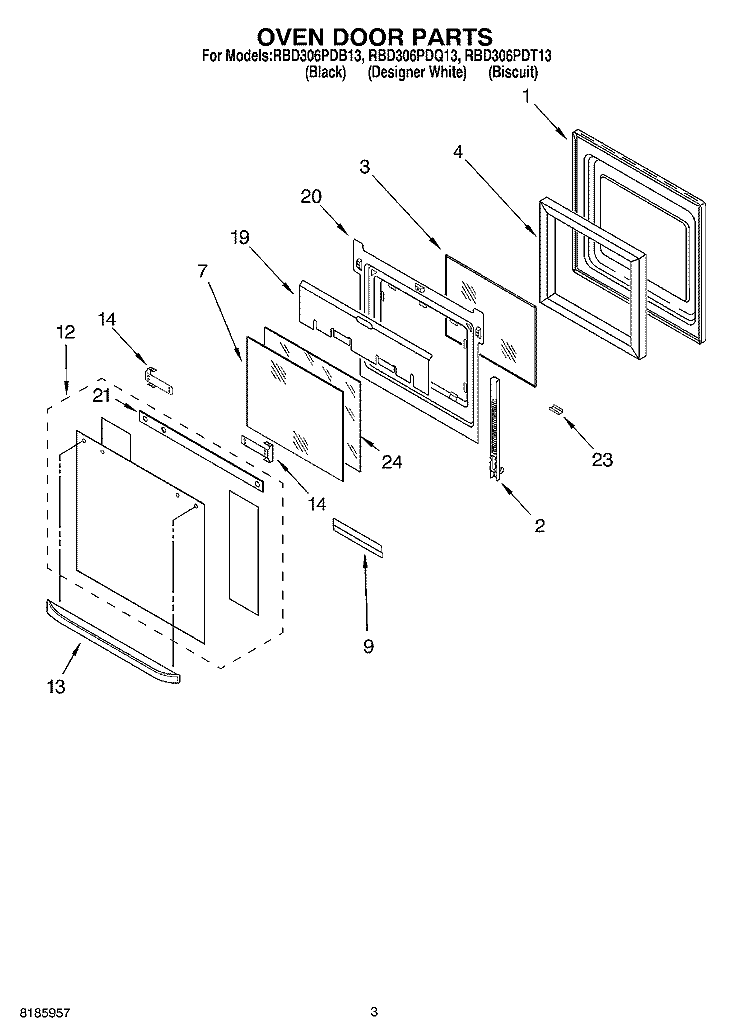 OVEN DOOR Diagram and Parts List for RBD306PDT13  Whirlpool Wall Oven