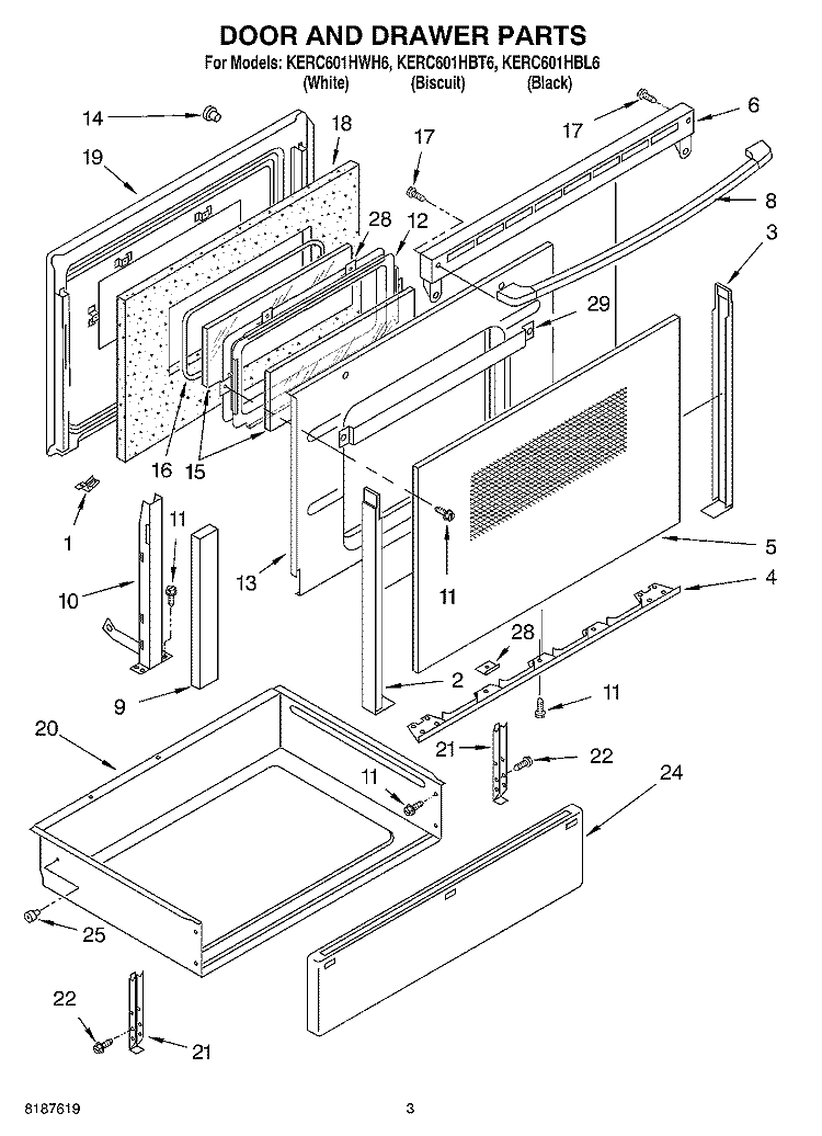 DOOR AND DRAWER Diagram and Parts List for KERC601HBL6  KitchenAid Range