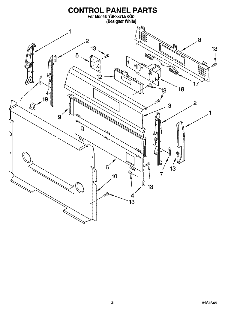 CONTROL PANEL PARTS Diagram and Parts List for YSF387LEKQ0  Whirlpool Range
