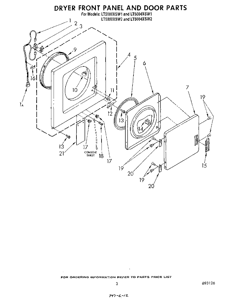 DRYER FRONT PANEL AND DOOR Diagram and Parts List for LT5000XSW1  Whirlpool Washer Dryer Combo