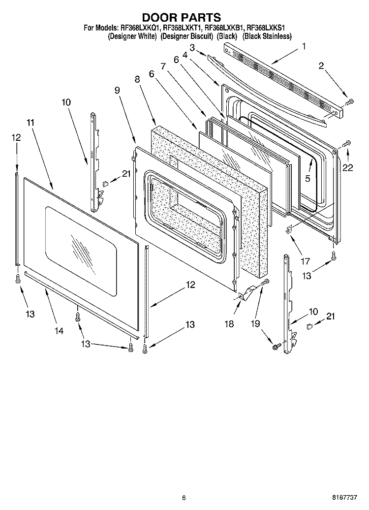 DOOR, OPTIONAL Diagram and Parts List for RF368LXKT1  Whirlpool Range