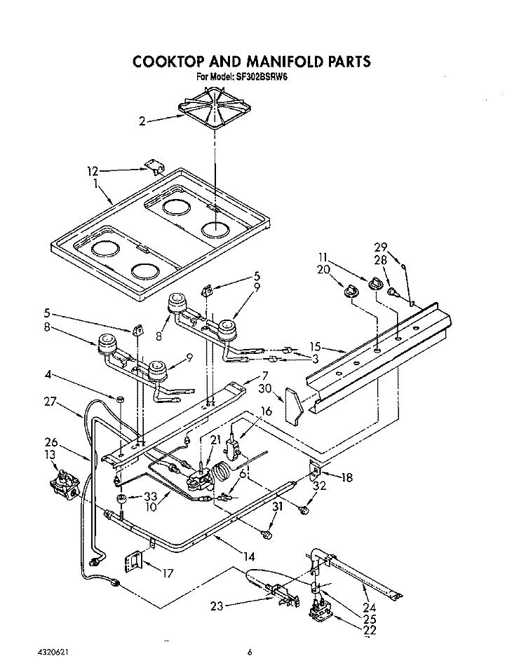 COOKTOP AND MANIFOLD, LIT/OPTIONAL Diagram and Parts List for SF302BSRW6  Whirlpool Range