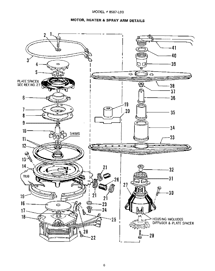MOTOR, HEATER AND SPRAY ARM Diagram and Parts List for 8587L00  Roper Dishwasher