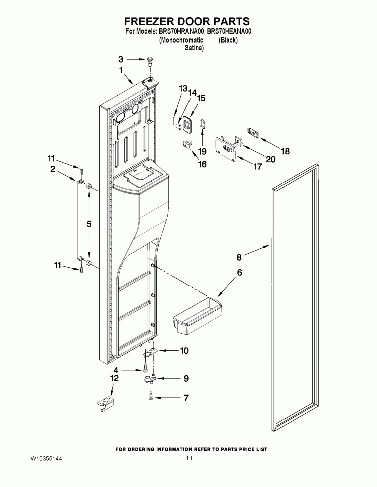 FREEZER DOOR PARTS Diagram and Parts List for BRS70HRANA00  Whirlpool Refrigerator