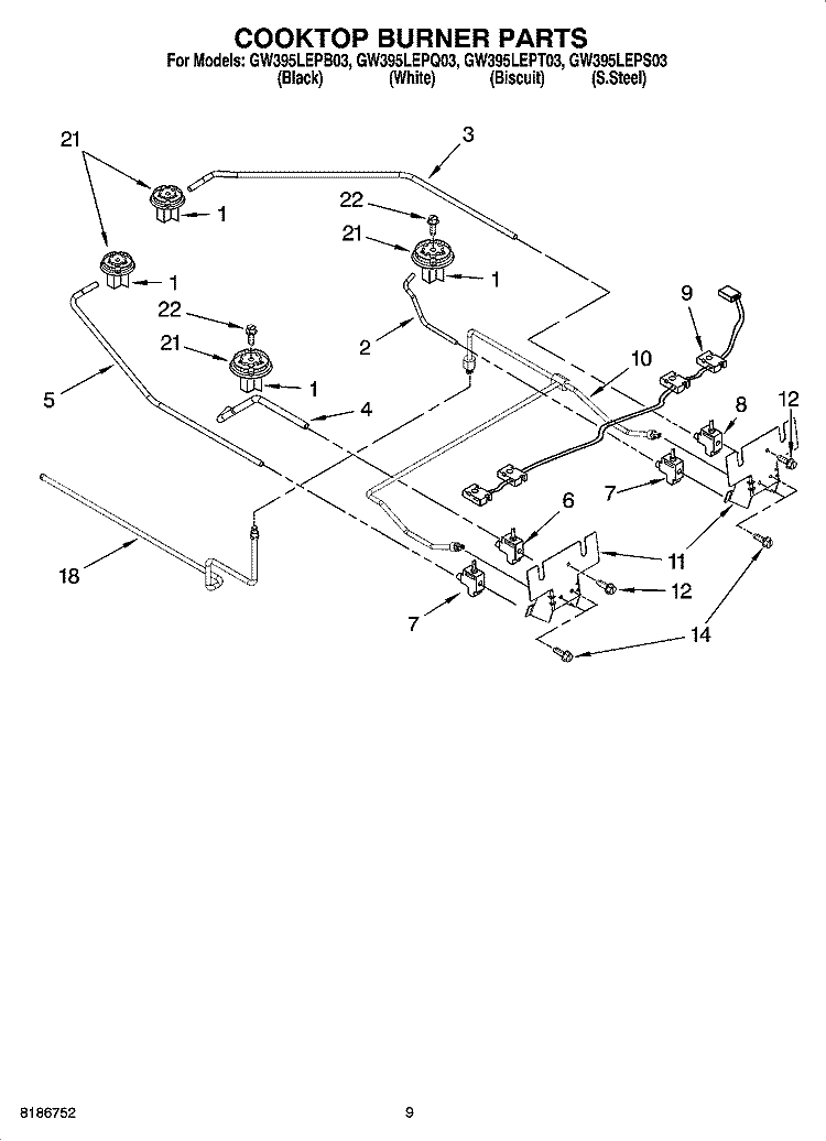 COOKTOP BURNER PARTS, OPTIONAL PARTS Diagram and Parts List for GW395LEPS03  Whirlpool Range