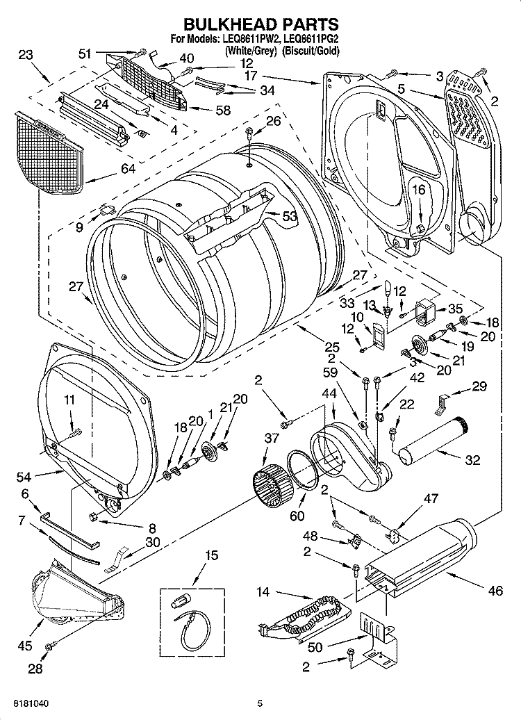 BULKHEAD PARTS, OPTIONAL PARTS (NOT INCLUDED) Diagram and Parts List for LEQ8611PG2  Whirlpool Dryer