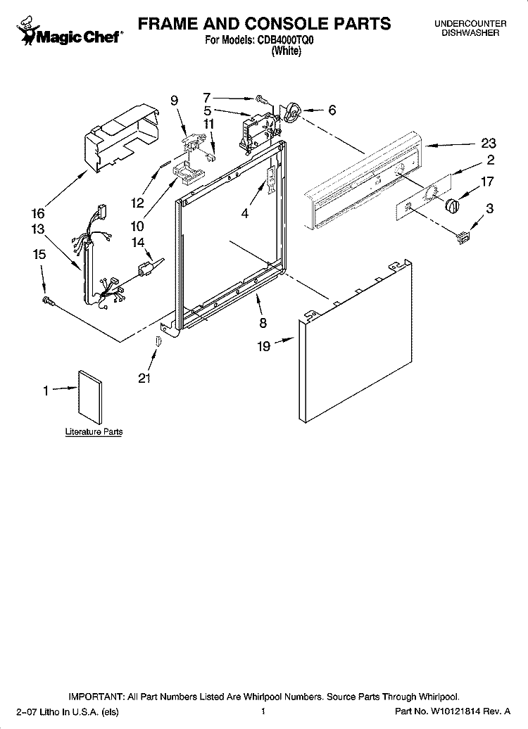 FRAME AND CONSOLE PARTS Diagram and Parts List for CDB4000TQ0  Whirlpool Dishwasher