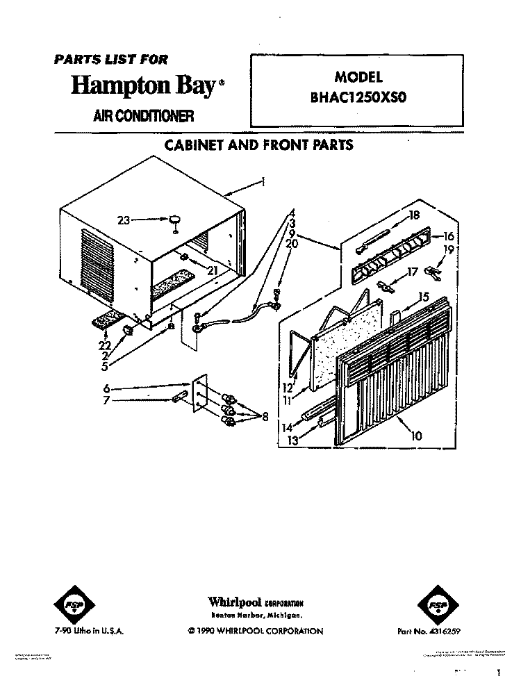 CABINET AND FRONT Diagram and Parts List for BHAC1250XS0  Whirlpool Air Conditioner