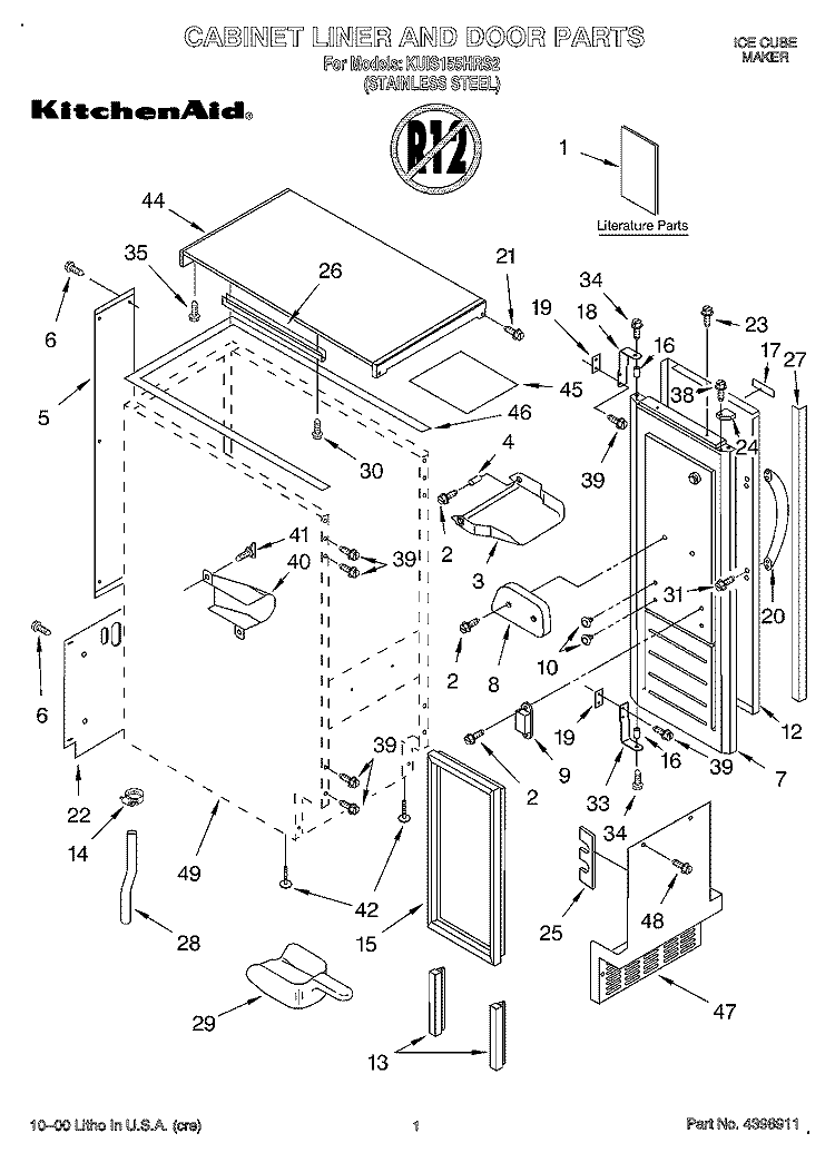 CABINET LINER AND DOOR, LIT/OPTIONAL Diagram and Parts List for KUIS155HRS2  KitchenAid Ice Maker