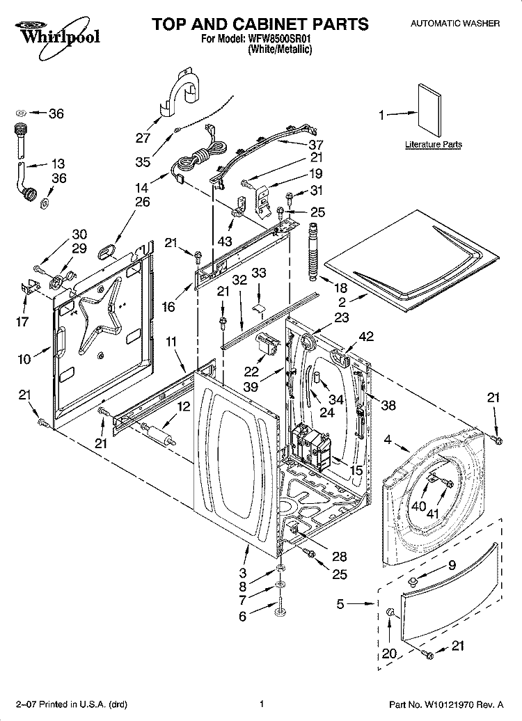 TOP AND CABINET PARTS Diagram and Parts List for WFW8500SR01  Whirlpool Washer
