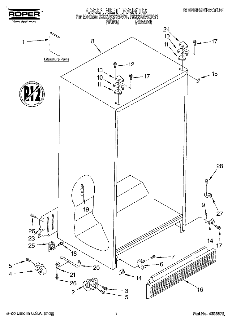 CABINET, LITERATURE Diagram and Parts List for RS22AQXGW01  Roper Refrigerator