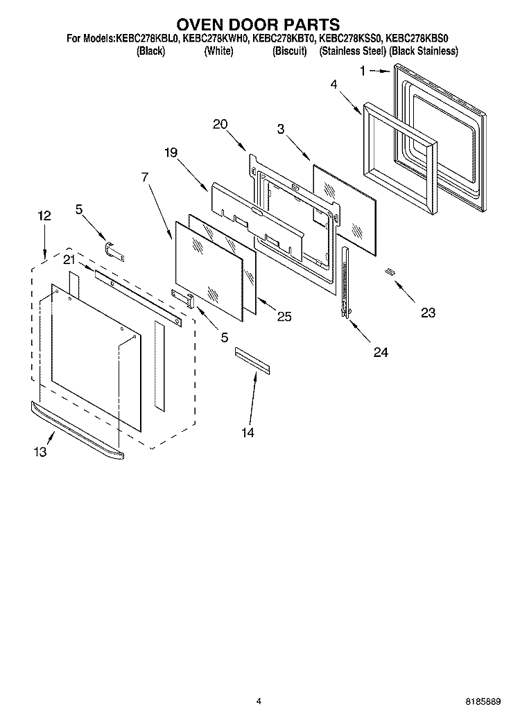 OVEN DOOR Diagram and Parts List for KEBC278KBS0  KitchenAid Wall Oven