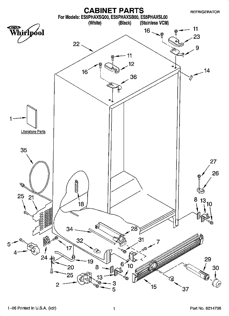 CABINET PARTS Diagram and Parts List for ES5PHAXSB00  Whirlpool Refrigerator