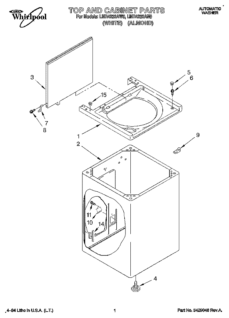 TOP AND CABINET, LIT/OPTIONAL Diagram and Parts List for LMR4232AW0  Whirlpool Washer