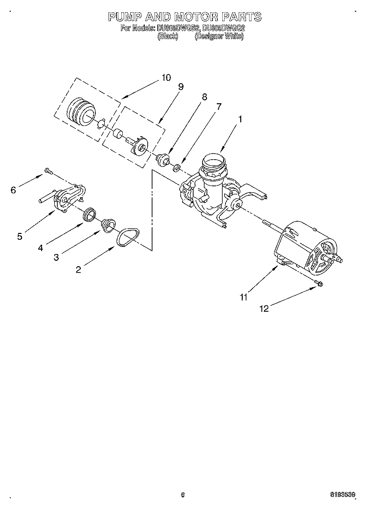 PUMP AND MOTOR Diagram and Parts List for DU805DWGQ2  Whirlpool Dishwasher