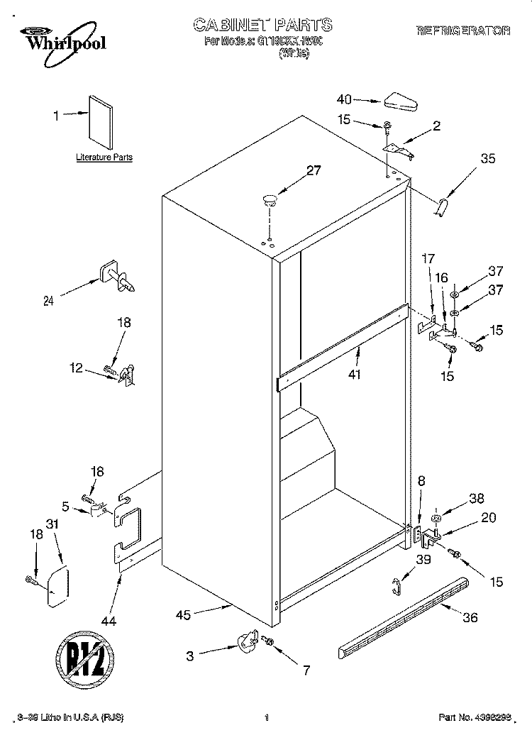 CABINET, LITERATURE Diagram and Parts List for GT19DKXHW00  Whirlpool Refrigerator