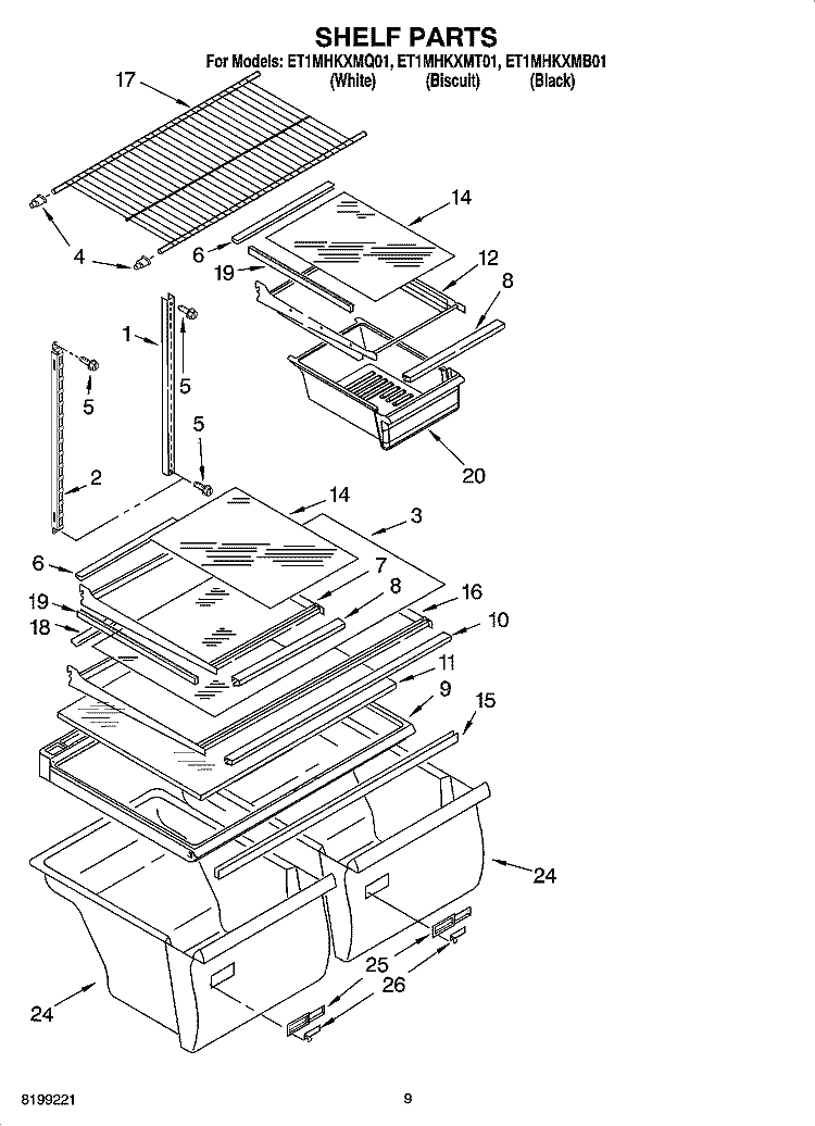 SHELF PARTS, OPTIONAL PARTS Diagram and Parts List for ET1MHKXMQ01  Whirlpool Refrigerator