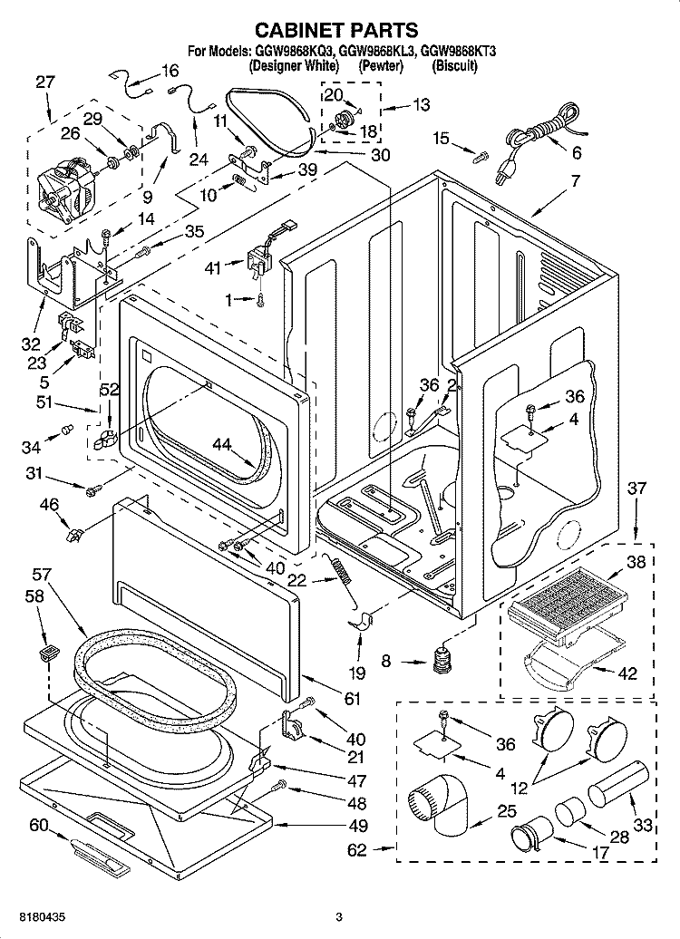 CABINET PARTS Diagram and Parts List for GGW9868KL3  Whirlpool Dryer