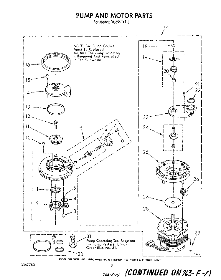 PUMP AND MOTOR Diagram and Parts List for DU8550XT0  Whirlpool Dishwasher