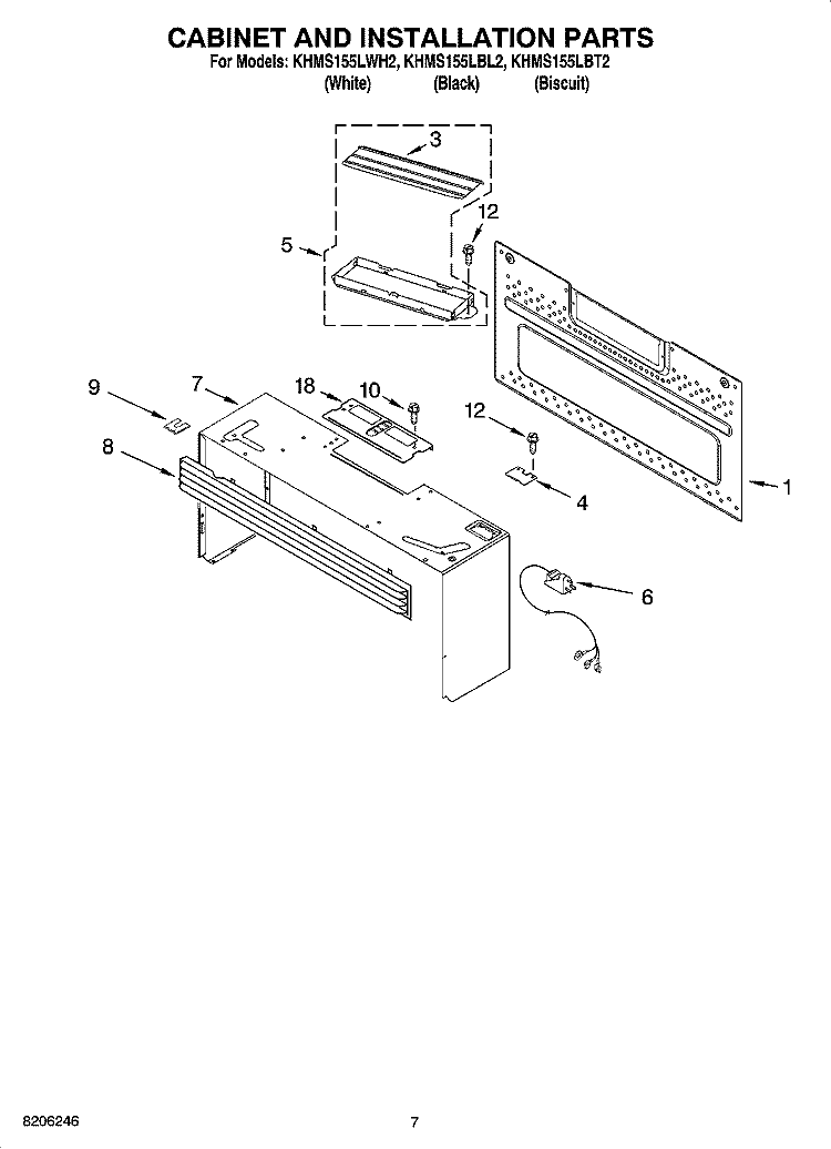 CABINET AND INSTALLATION PARTS Diagram and Parts List for KHMS155LWH2  KitchenAid Microwave