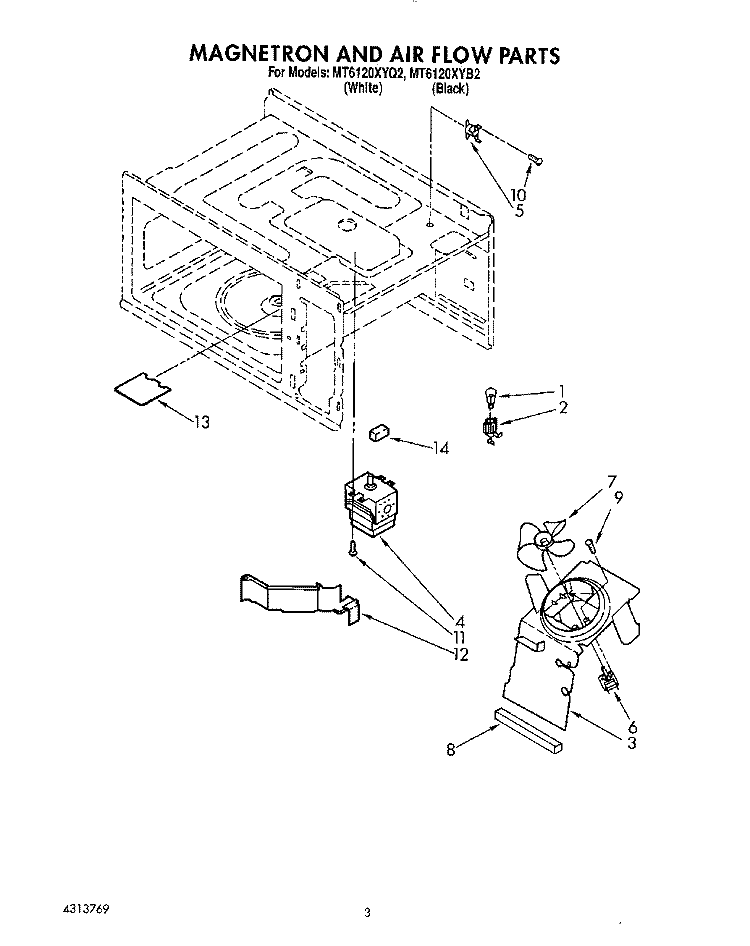 MAGNETRON AND AIR FLOW Diagram and Parts List for MT6120XYB2  Whirlpool Microwave