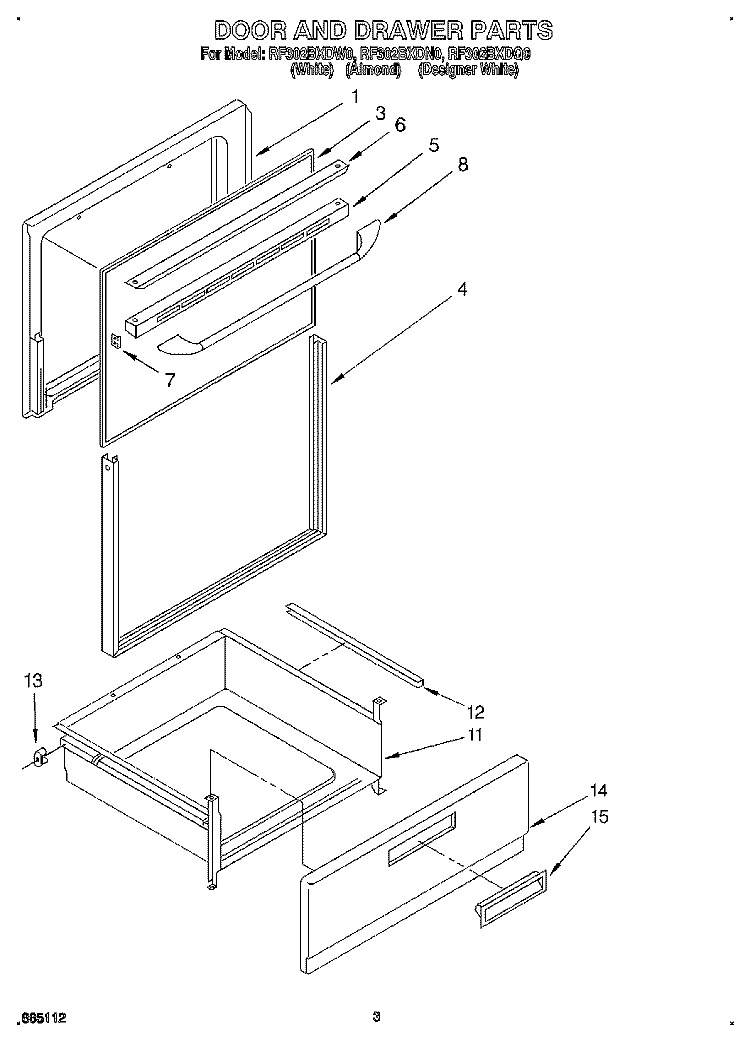 DOOR AND DRAWER Diagram and Parts List for RF302BXDW0  Whirlpool Range