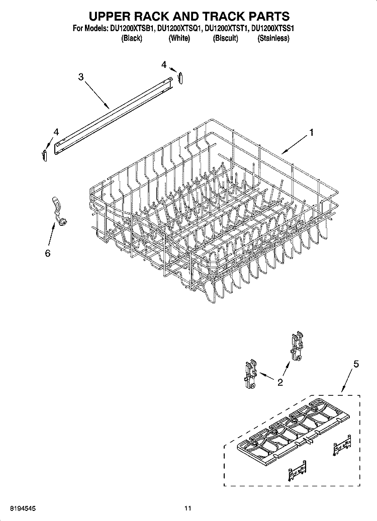 UPPER RACK AND TRACK PARTS Diagram and Parts List for DU1200XTSS1  Whirlpool Dishwasher